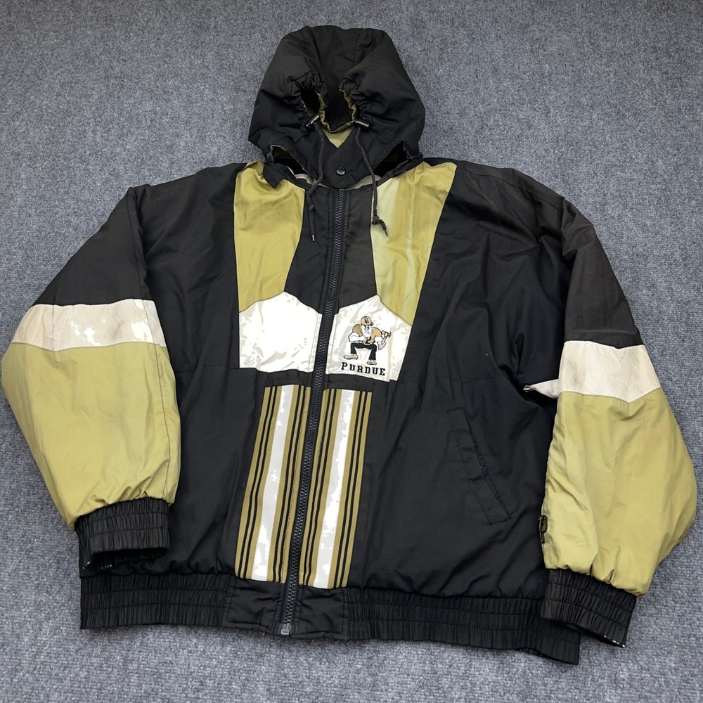 VTG 90s Pro Player Purdue Reversible Puffer Jacket Mens XL Black Gold Zip NCAA